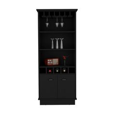 a tall black shelf with wine glasses on it