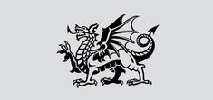 a black and white image of a dragon on a light gray background with the words, `