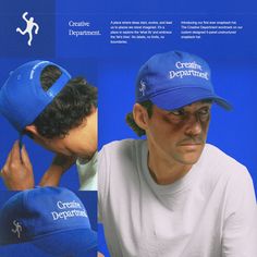 a man wearing a blue hat with the words creative department on it and another image of him