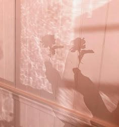 the shadow of a person holding flowers in front of a wall with wooden paneling