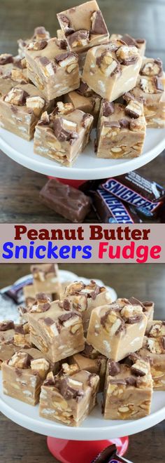 peanut butter snickkers fudge on a white plate