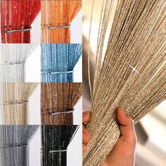 the different colors and sizes of curtains are shown in this collage, including red, white