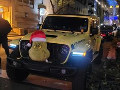 a truck with a christmas hat on it's bed