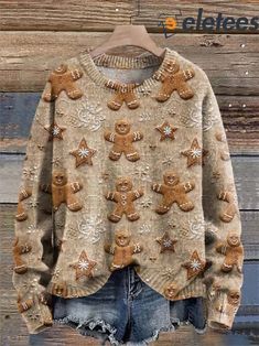 Festive Cottagecore Boho Knit Sweater with Gingerbread Cookies Design Christmas Sweaters Cute, Snowflake Cake, Christmas Gingerbread Cookies, Christmas Sweaters For Women, Cozy Pullover, Long Sleeve Tops Casual, Personalized Clothes, Christmas Gingerbread, Boho Print