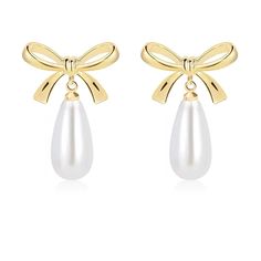 PRICES MAY VARY. Bow Earrings is Elegant and playful, these beautiful everyday earrings feature light ivory pearl beads & 14K gold plated statement bowknots. Pearl Earrings is 4cm long and approximately 1.7cm wide. Finished with a post closure. environmental protection, lead-free, nickel-free, non-allergic, comfortable to wear,is the best choice for sensitive ears. Let these gorgeous pearl drop earrings ellevate your look. Whether it's adding that final magical touch to your bridal look, evening Hypoallergenic Gold Pearl Earrings For Party, Pear-shaped Pierced Earrings For Gift, Pear-shaped Earrings For Gifts, White Teardrop Clip-on Earrings For Gifts, Single Pear-shaped Earring For Parties, Senior Hoco, Bow Earring, Prom Bouquet, Jewelry For Wedding