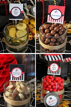 four pictures show different types of candies in glass containers and on the table are candy