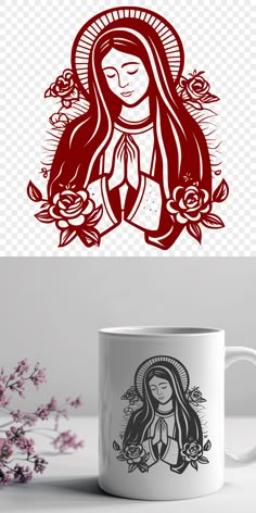 a coffee mug with an image of the virgin mary and roses in red on it