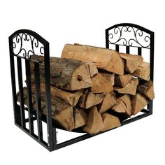 a stack of firewood in a metal rack on top of a white background,