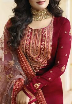 Embroidered Satin Georgette Straight Suit in Maroon : KCH3249 डिजाइनर कपड़े, Pakistani Formal Dresses, Neck Designs For Suits, Dress Neck Designs, Kurti Designs Party Wear, Embroidery Suits Design