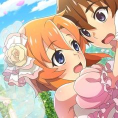 two anime characters are kissing each other in front of the sky and trees with flowers