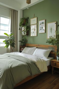 a bed sitting in a bedroom next to a window with potted plants on it