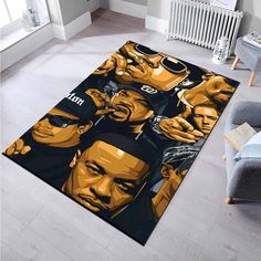 a living room area rug with an image of two men on it