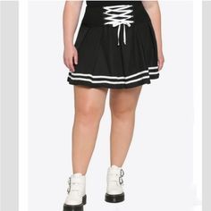 Black Cheerleader Skirt With White Stripes Along Hem Side Zipper Laced Up Front Detail With White String New Pleated Skirt Plus Size, Skater Skirt Black, Skirts Hot, Cheerleader Skirt, Scuba Skirt, Buckle Skirt, Black Skater Skirts, Black Suspenders, Mini Skater Skirt