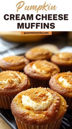 pumpkin cream cheese muffins on a cooling rack with the title text overlay