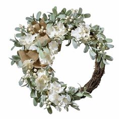 Create holiday cheer with your home decor, and display the 22 Inch Round Spring Floral Grapevine Hydrangea Wreath from Haute Decor beautifully above your mental or on your front door or use as an accent piece. This fresh floral wreath is detailed with an assortment of spring-inspired decor, including artificial cream hydrangea flowers, lambs ear, white berries, and a burlap bow. With a real grapevine base, this decoration piece is the perfect addition to any mantel, wall, or door. This 22-inch w Cream Hydrangea, Silk Wreaths, Floral Grapevine, Lamb's Ear, White Berries, Kelly Clarkson Home, Artificial Hydrangeas, Burlap Bow, Hydrangea Wreath