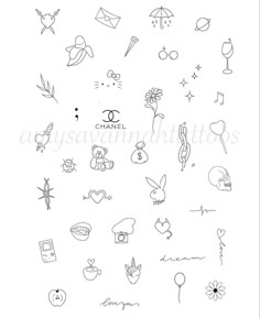 an image of many different tattoos on a white background with the words chanel written in black ink