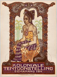 an old poster with a woman sitting on the ground in front of her is text that reads kolonnale tenoonstelling