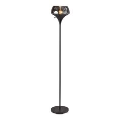 a black floor lamp with two lights on it's sides and a round base