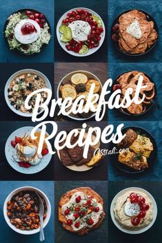 breakfast dishes with the words breakfast recipes on them in white letters and pictures of different foods