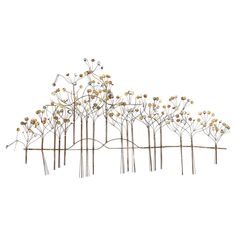 a group of metal branches with flowers and leaves on them, against a white background