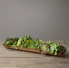 a planter with succulents in it on a wooden table