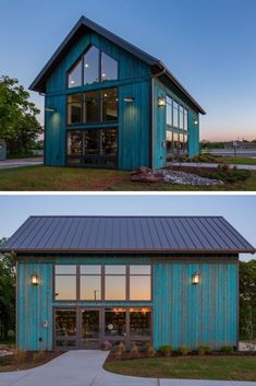 two different views of the front and side of a blue building with windows on each side