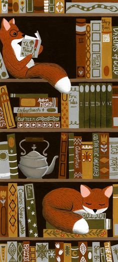 a book shelf filled with lots of books next to a cat laying on top of a teapot