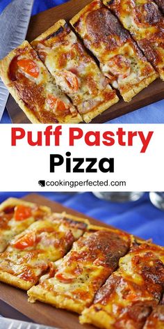 puff pastry pizza cut into squares on a cutting board