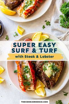 two plates with lobsters, lemon wedges and parsley on the side text reads super easy surf & turf with steak and lobster