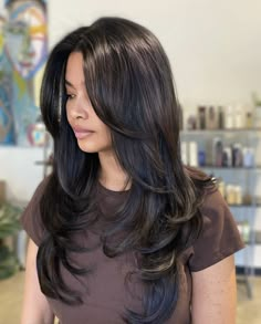 Haircuts With Front Layers, Long Hair With Layers Back View, Butterfly Layers Black Hair, Black Hair Butterfly Haircut, Long Layers Butterfly Cut, Dark Brown Butterfly Cut, Long Layered Haircuts Brunette, Asian Hair Styles Long, Wispy Layers Long Hair