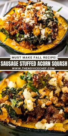 two pictures of stuffed acorn squash with sausage and spinach on top, one is cooked in an iron skillet