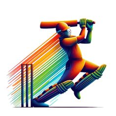 a cricket player is hitting the ball with his bat and rainbow colors are in the background