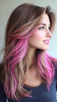 Grey Hair Pink Highlights, Pink Peek A Boo Hair, Fun Balayage Hair, Unusual Hair Colours, Peekaboo Hair Dye, Balayage Pink Hair, Unusual Hairstyles, Pink Peekaboo Highlights, Pink Peekaboo