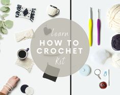 the crochet kit is laid out on a table