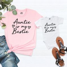 Auntie is My Bestie Shirt, Auntie T-Shirt, Aunt Shirt, Aunt Baby Matching Tee, Funny Aunt T-Shirt, Best Auntie Ever Shirt, Gift For Auntie, Best Auntie Ever Tee, New Aunt Gift Welcome to our store! -We specialize in funny, customizable apparel shirts in different colors and styles printed on ultra-soft, super comfortable, and breathable material. -Solid colors %100 Cotton. Heather Colors %52 Cotton %48 Polyester. -We use Bella + Canvas and one of the best quality products on the market. If there Baby Aunt, Matching Tees, Vinyl Shirts, Cricut Vinyl