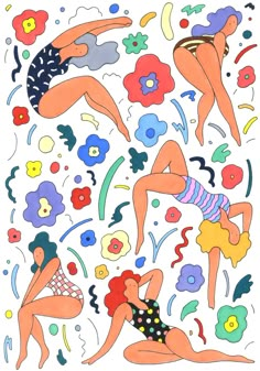 two women in bathing suits are floating on the water with flowers and bubbles around them