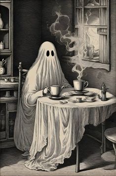 a drawing of a ghost sitting at a table with tea cups and saucers in front of it