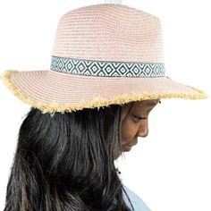 Hilo Holiday Pink Paper Straw Floppy Sun Hat Fedora Nwt When You're Headed To The Beach Or Anywhere Sunny, Remember To Grab This Stylish Hat To Keep The Sun Out Of Your Eyes! Fedora Style With Pinch Front And Straw Fringe Detail 100% Paper Straw Light Blue Aztec Print Fabric Band With Loop Accent Frayed Trim 14" X 13" Diameter (Total) 3" Brim Approx. 22.5" Circumference (Opening) Sweatband One Size Fits Most Summer, Sun, Beach, Pool, Swim, Cruise, Coastal, Coastal Cowgirl Vintage Straw Hat, Floppy Sun Hat, Fur Pom Pom Beanie, Hat Fedora, Flapper Hat, Floppy Sun Hats, Distressed Hat, Straw Fedora, Cute Patches