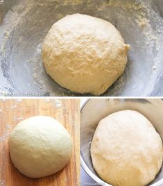 the process for making bread is shown in three different stages, including dough being rolled and uncooked