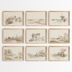 six drawings of horses and farm scenes are hanging on the wall in front of each other