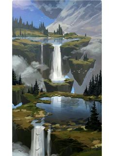 a digital painting of a waterfall in the mountains