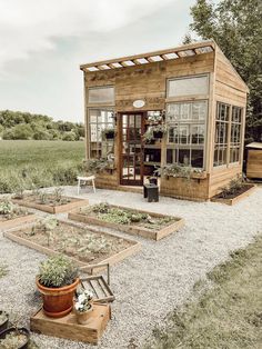 a small wooden building sitting in the middle of a field with lots of plants growing out of it