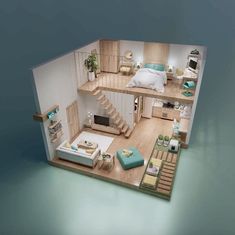 a model of a bedroom and living room with stairs to the second floor, as seen from above