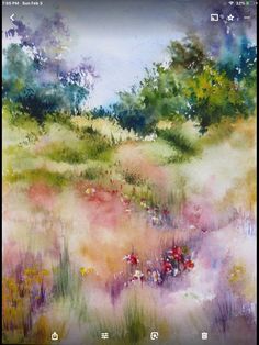 an abstract painting of trees and flowers in the grass with watercolors on paper