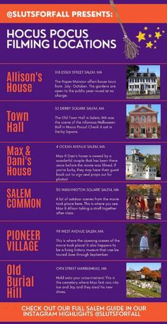 the flyer for an upcoming event with pictures of houses and buildings in purple, orange, and