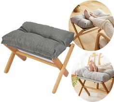 the footstool is made from wood and has a cushion on one side, while the