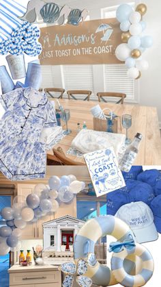 a collage of blue and white items including balloons, plates, napkins and other decorations