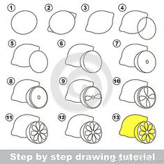 step by step drawing instructions for children to learn how to draw lemons and slices