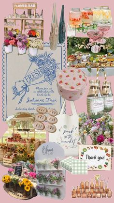 a collage of images with flowers, teapots and other items on it