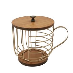 a coffee cup with a wooden lid and metal wire around the bottom, on a white background